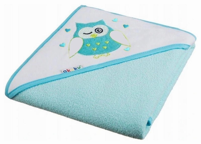 Akuku Dětská osuška s kapucí 80 x 80cm, froté - Sova, tyrkysová, Akuku
