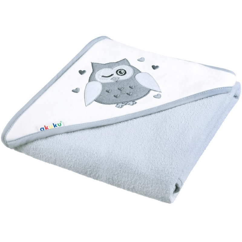 Akuku Dětská osuška s kapucí 80 x 80cm, froté - Sova, šedá, Akuku