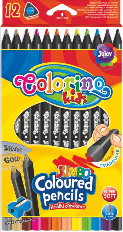 Pastelky trojhranné Colorino JUMBO s ořezávátkem, 12 barev, černé dřevo