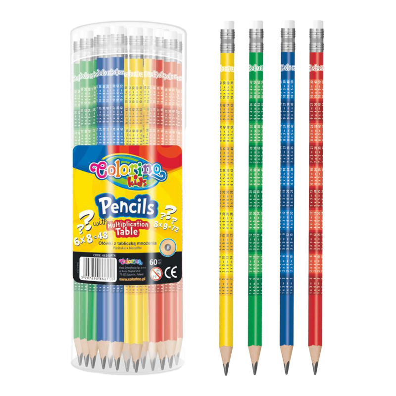 Tužka s násobilkou Colorino, kulatá, s pryží, 60ks, mix barev