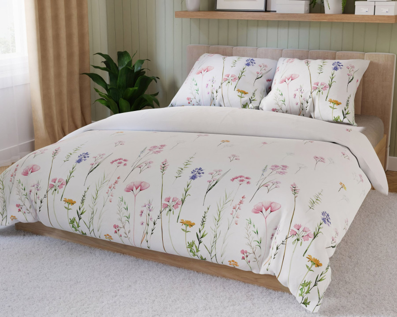 Forbyt povlečení ZALURA, luční kvítí, bílé, bavlněný satén, 140x200cm + 70x90cm