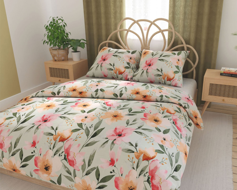 Forbyt povlečení FLORALIS, květnový vzor na bílo-zeleném podkladu, bavlněný satén, 140x200cm + 70x90cm