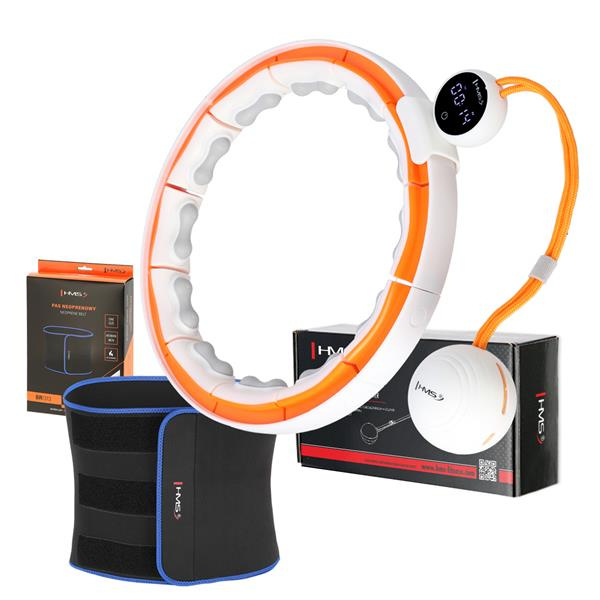 SET HHM21 + BR1313 BÍLÁ/ORANŽOVÁ HULA HOOP OBRUČ SE ZÁVAŽÍM, MAGNETY A POČÍTADLEM HMS
