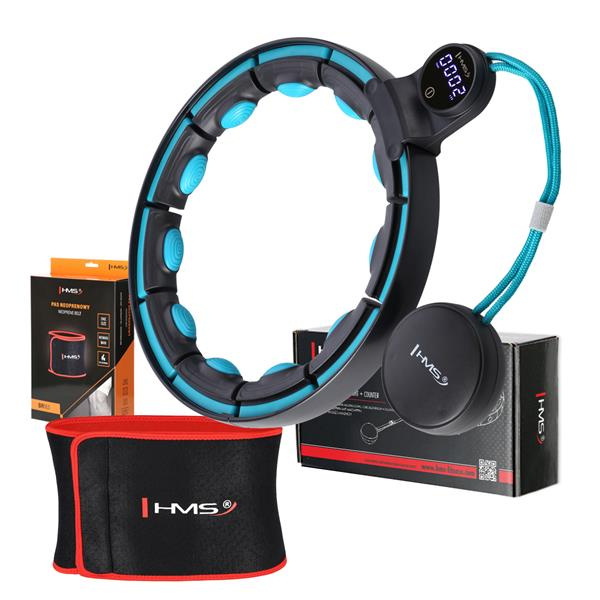 SET HHM17 + BR163 ČERNÁ/TYRKYSOVÁ HULA HOOP OBRUČ SE ZÁVAŽÍM, MAGNETY A POČÍTADLEM HMS