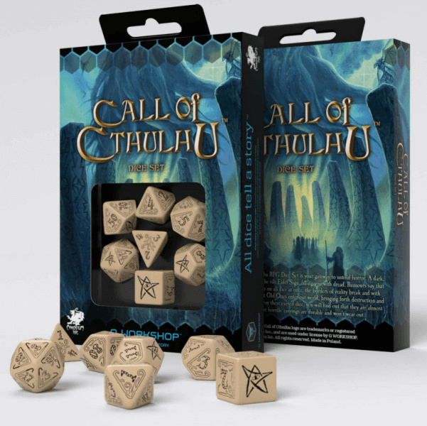 Sada kostek Call of Cthulhu, barva béžovo-černá