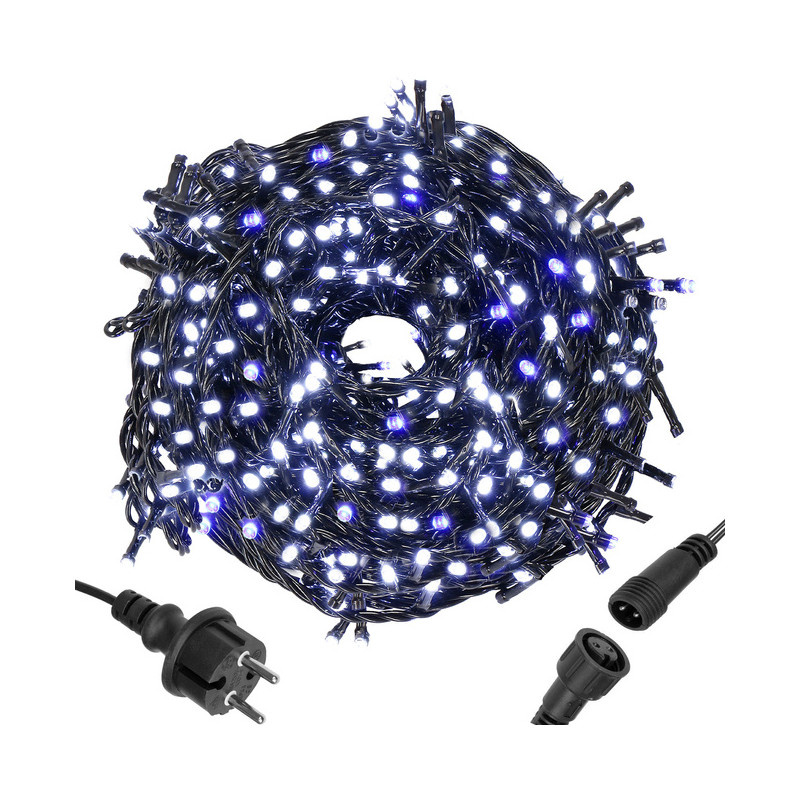 SPRINGOS LED světelný řetěz 25,5m 300LED IP44 studená bílá + modré záblesky