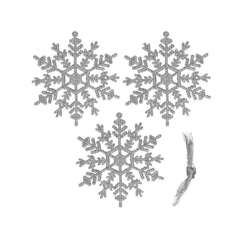 Vánoční ozdoby - Sněhové vločky se třpytkami 12cm, stříbrné, sada 3ks