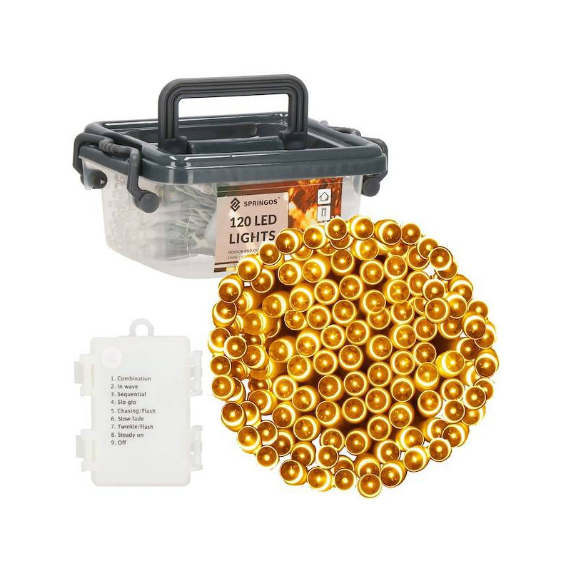 LED světelný řetěz - 9m, 120LED, 8 funkcí, 3xAA, IP44, teplá bílá