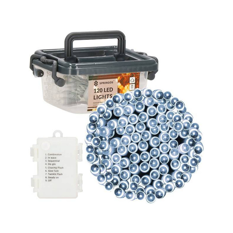 LED světelný řetěz - 9m, 120LED, 8-funkcí, 3xAA, IP44, studená bílá