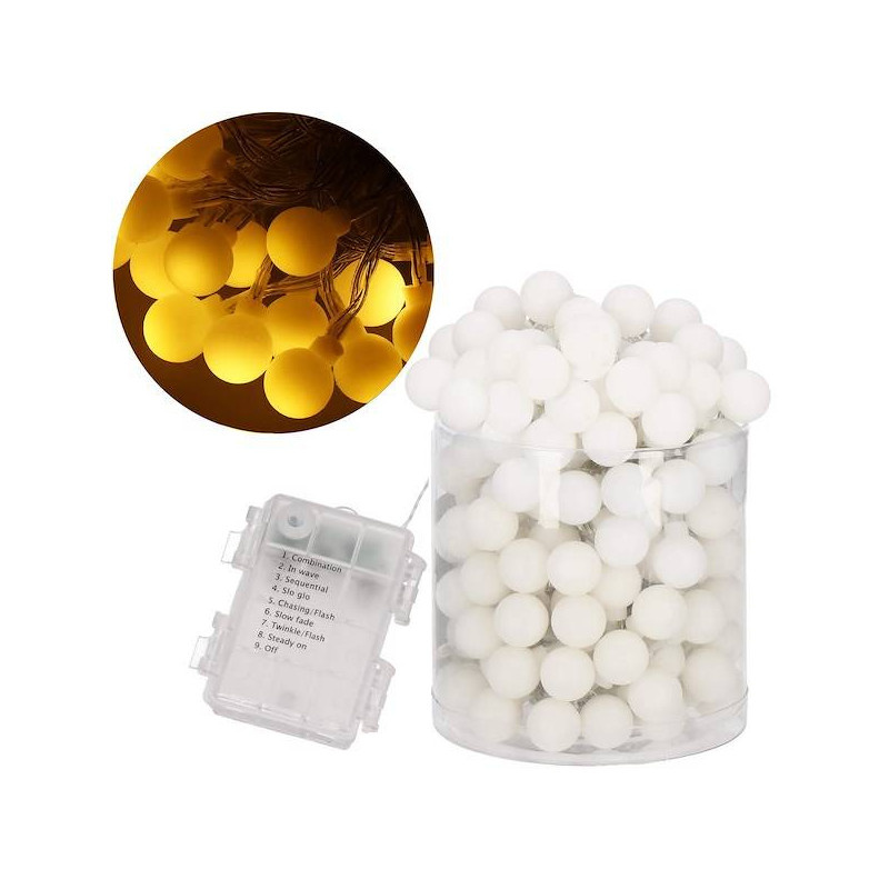 LED řetěz Kuličky - 7,5m, 50LED, 8 funkcí, 3xAA, IP44, teplá bílá
