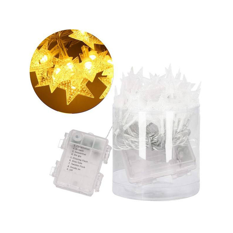 LED řetěz Hvězdy - 5m, 50LED, 8 funkcí, 3xAA, IP44, teplá bílá