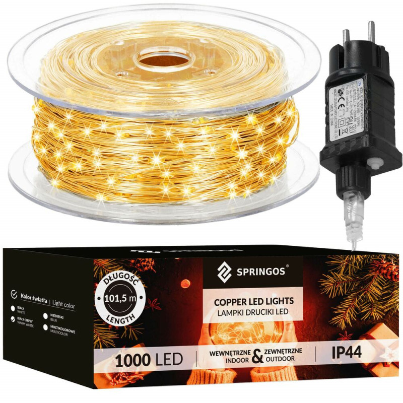 SPRINGOS LED řetěz Nano - 100m, 1000LED, 8 funkcí, paměť, IP44, teplá bílá CL4043-XG