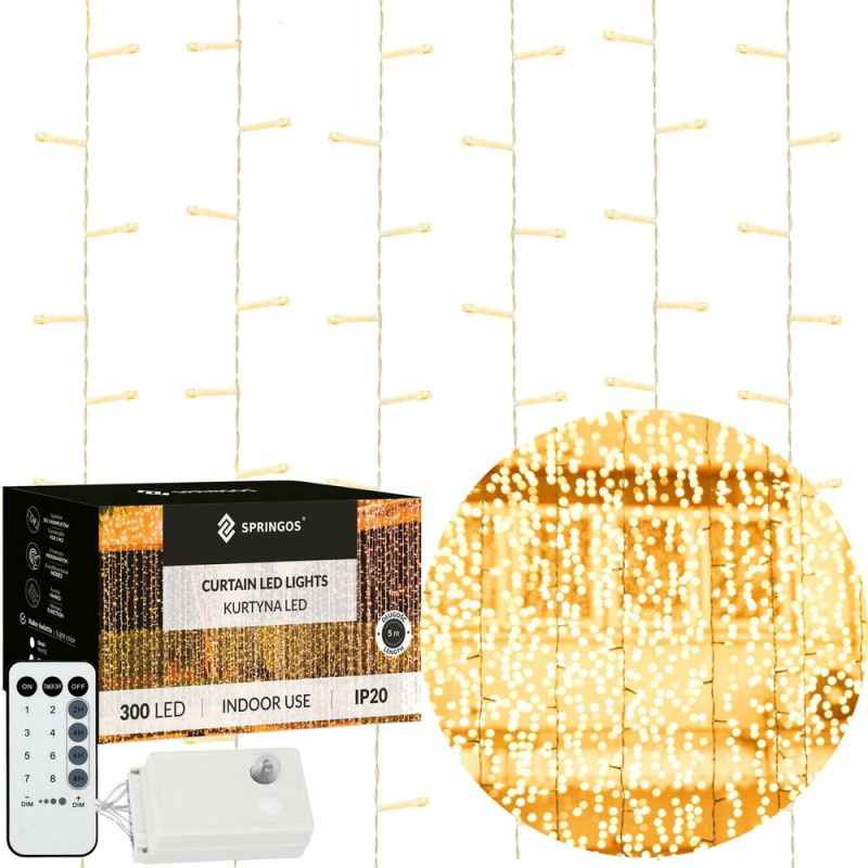 SPRINGOS LED světelný závěs - 2x2m, 200LED, 8 funkcí, ovladač, paměť, IP20, teplá bílá CL4054-XG