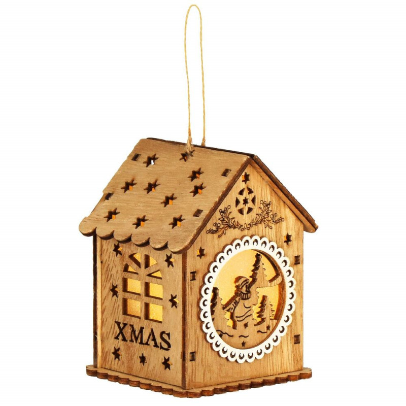 SPRINGOS Dřevěný domeček se sněhulákem svítící 6,5x9 cm, vánoční ozdoba CA1285-XG