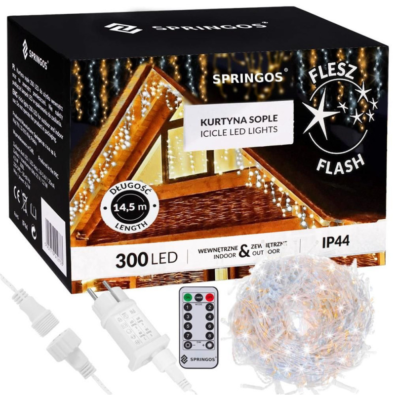 SPRINGOS LED krápníky - 14,5m, 300LED, 8 funkcí, ovladač, časovač, IP44, duální bílá CL0332-XG