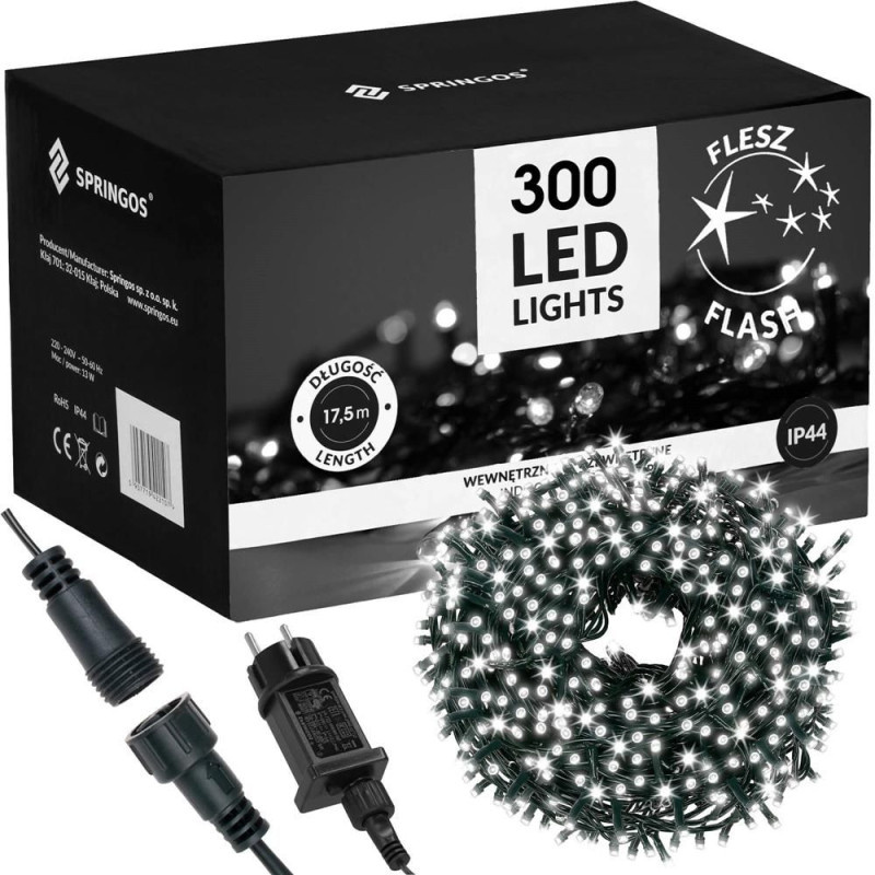 SPRINGOS LED světelný řetěz - 17,5m, 300LED, IP44, studená bílá + záblesky CL4083-XG