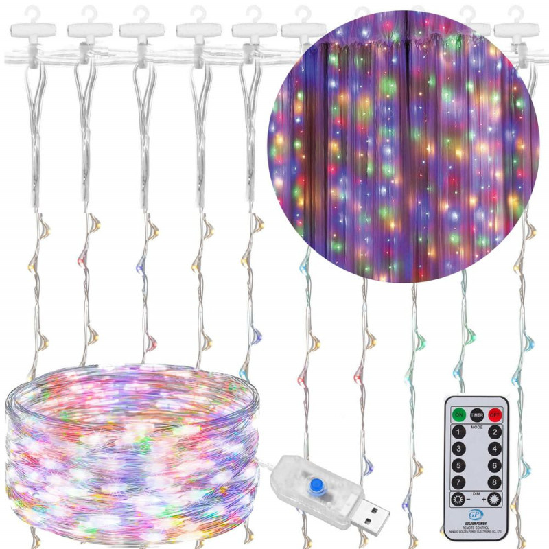 SPRINGOS LED Nano světelný závěs - 3x2m, 200LED, 8 funkcí, ovladač, USB, IP44, multicolor CL4097-XG