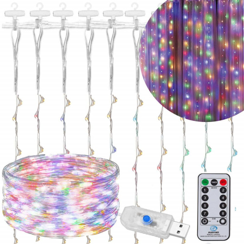 SPRINGOS LED Nano světelný závěs - 3x3m, 300LED, 8 funkcí, ovladač, USB, IP44, multicolor CL4098-XG