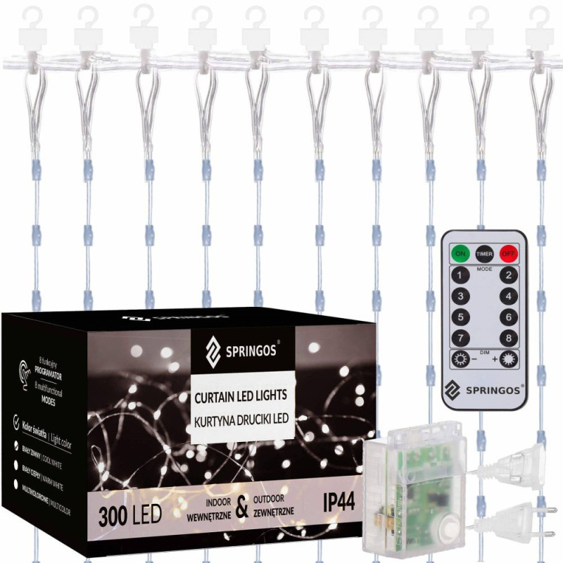 SPRINGOS LED Nano závěs - 3x3m, 300LED, 8 funkcí, ovladač, IP44, studená bílá CL0334-XG