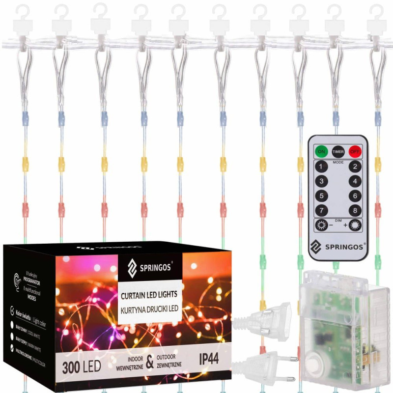 SPRINGOS LED Nano závěs - 3x3m, 300LED, 8 funkcí, ovladač, IP44, multicolor CL0335-XG