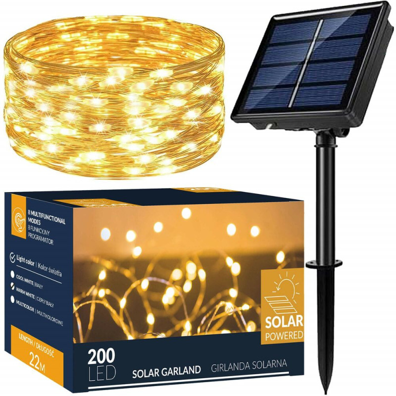 SPRINGOS LED solární řetěz Nano - 22m, 200LED, 8 funkcí, IP44, teplá bílá CL4144-XG
