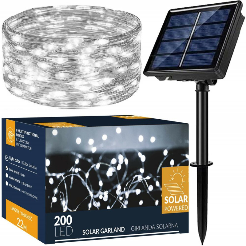 SPRINGOS LED solární řetěz Nano - 22m, 200LED, 8 funkcí, IP44, studená bílá CL4145-XG