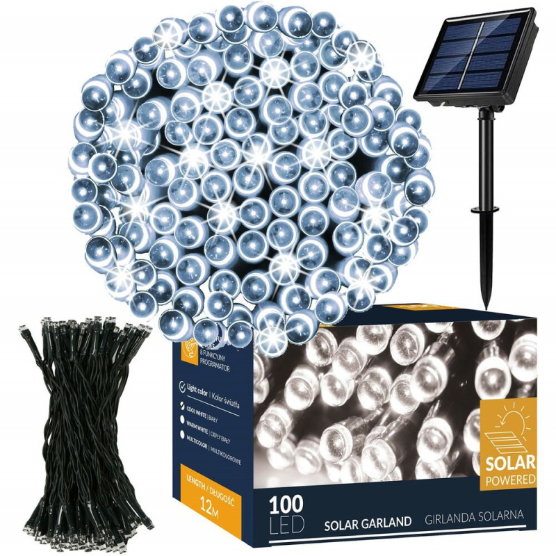 SPRINGOS LED solární řetěz - 12m, 100LED, 8 funkcí, IP44, studená bílá CL4148-XG