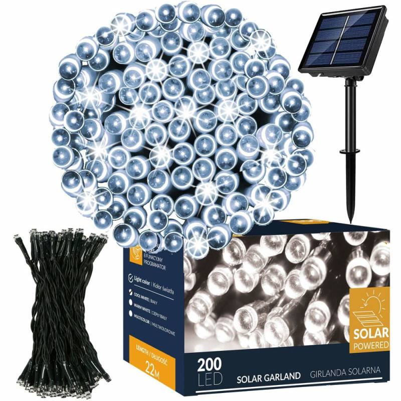 SPRINGOS LED solární řetěz - 22m, 200LED, 8 funkcí, IP44, studená bílá CL4151-XG