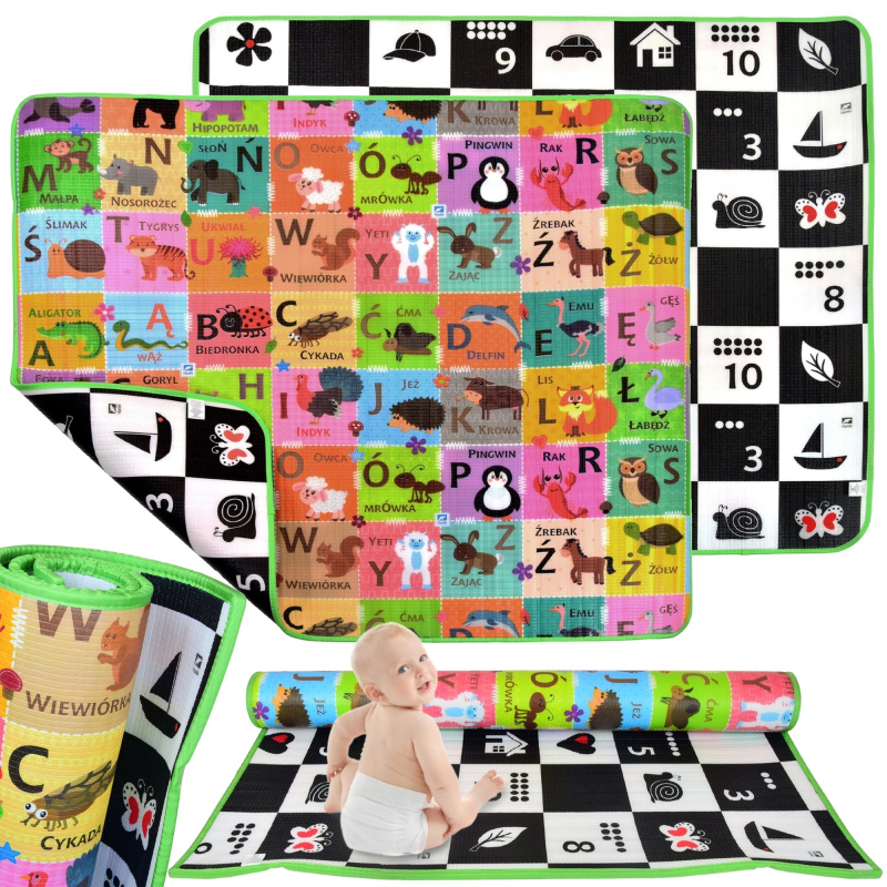 Humbi pěnová oboustranná edukační podložka šachovnice, polská abeceda a číslice 180 × 150 × 1,5 cm