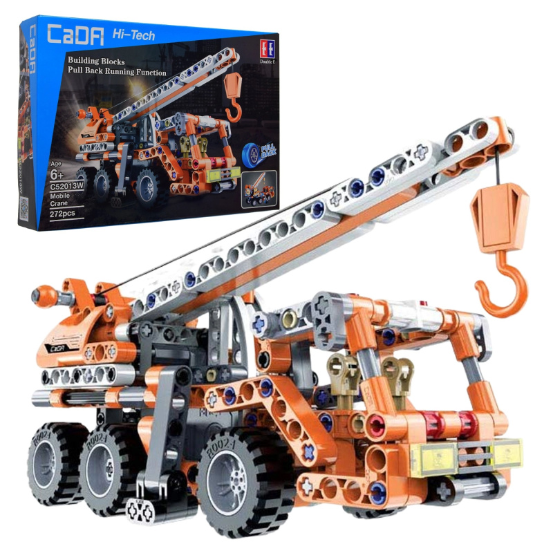 Stavebnice CaDA mobilní jeřáb 22 cm, oranžová, pull-back, 272 dílků