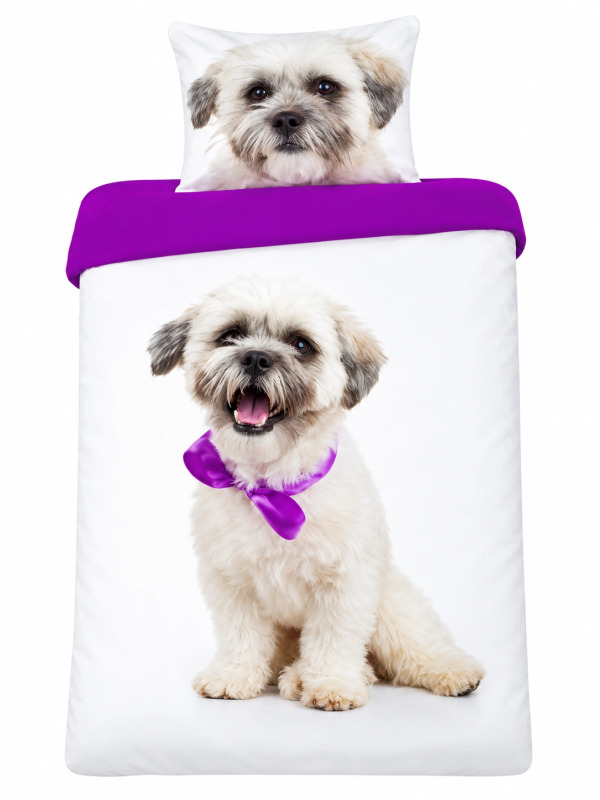 Bavlněné povlečení FARO se štěnětem Shih-tzu fialovo-bílé 140 × 200 cm