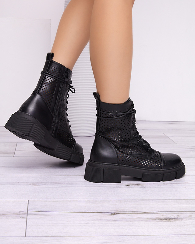 Resti Women's black openwork ankle boots with a flat heel Rolika - Footwear