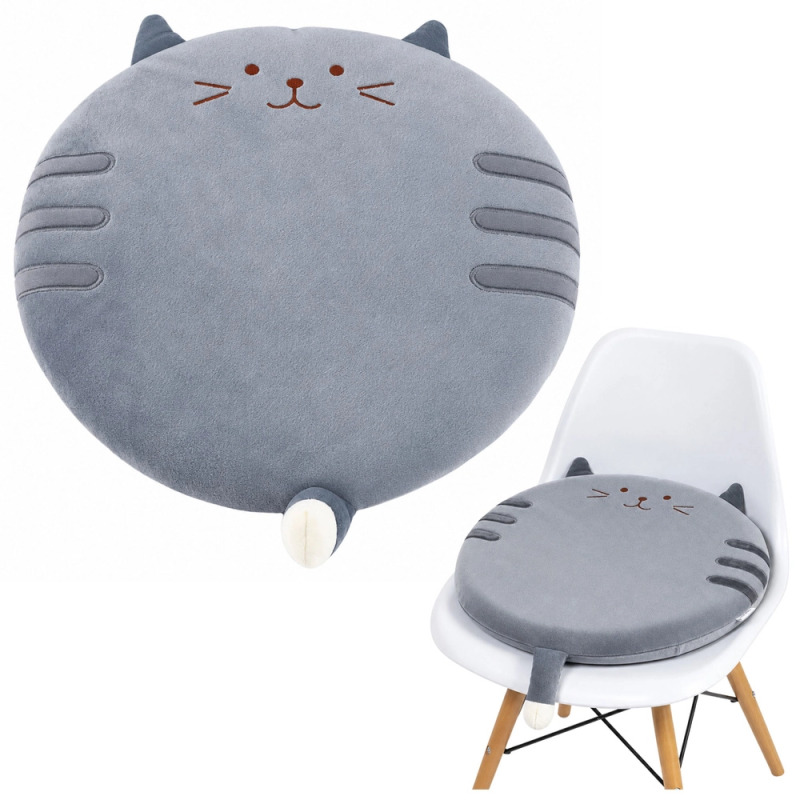 Kulatý plyšový podsedák na židli kočka, šedý 40 cm