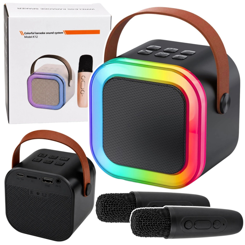 Bezdrátový karaoke set K12 – bluetooth reproduktor se dvěma mikrofony a LED světly (černý)