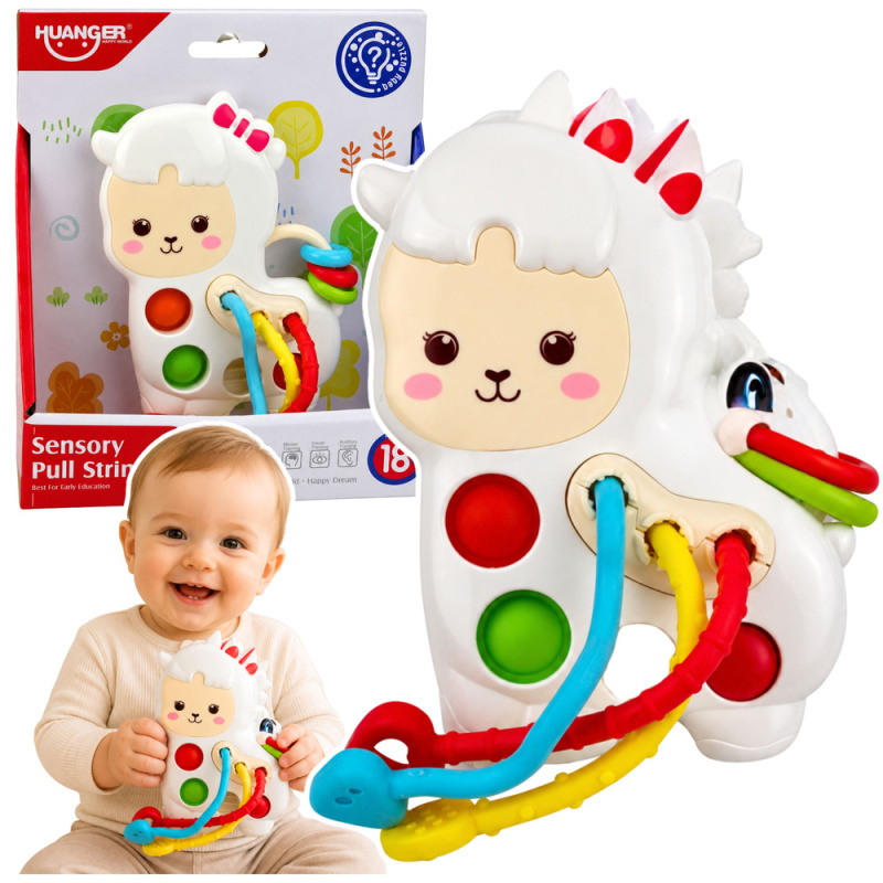 Sensory hračka pro miminka – lama se šňůrkami a pop-it tlačítky