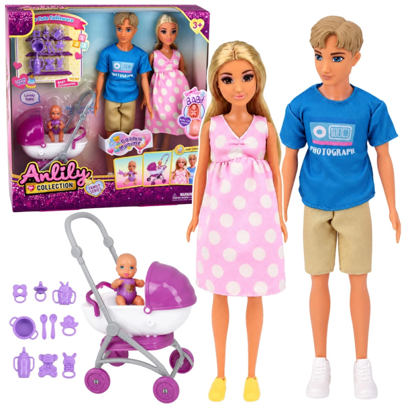 Anlily Collection rodinný set panenek s miminkem, kočárkem a doplňky