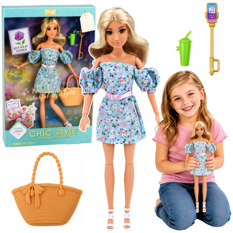Tomido Lalka Anlily Fashion w Niebieskiej Sukience W Kwiaty Torba Akcesoria Zestaw