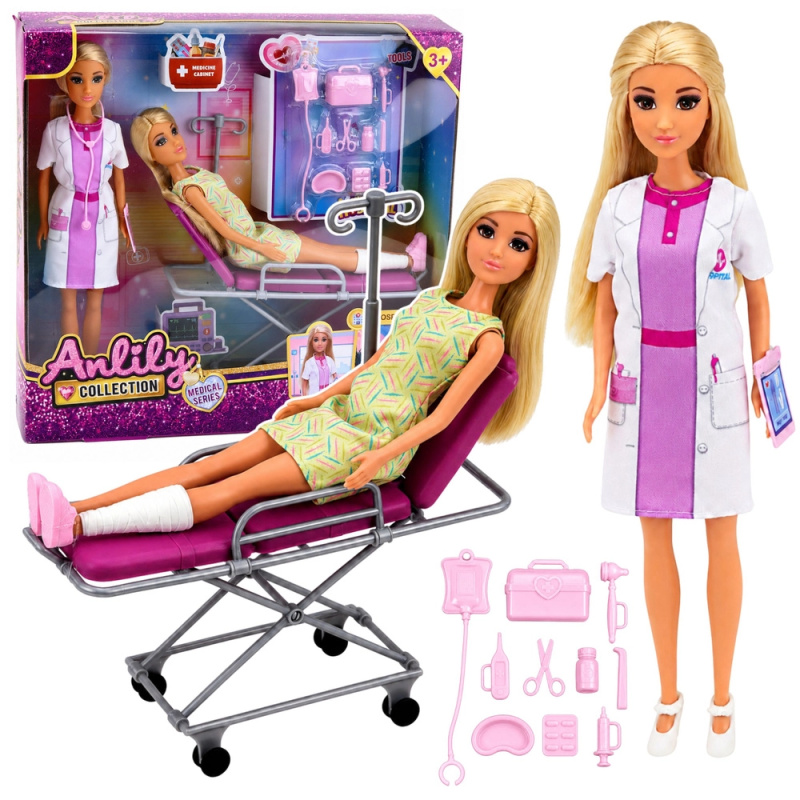 Anlily sada panenek doktorka s pacientkou, nemocniční lůžko a zdravotnické doplňky 30 cm