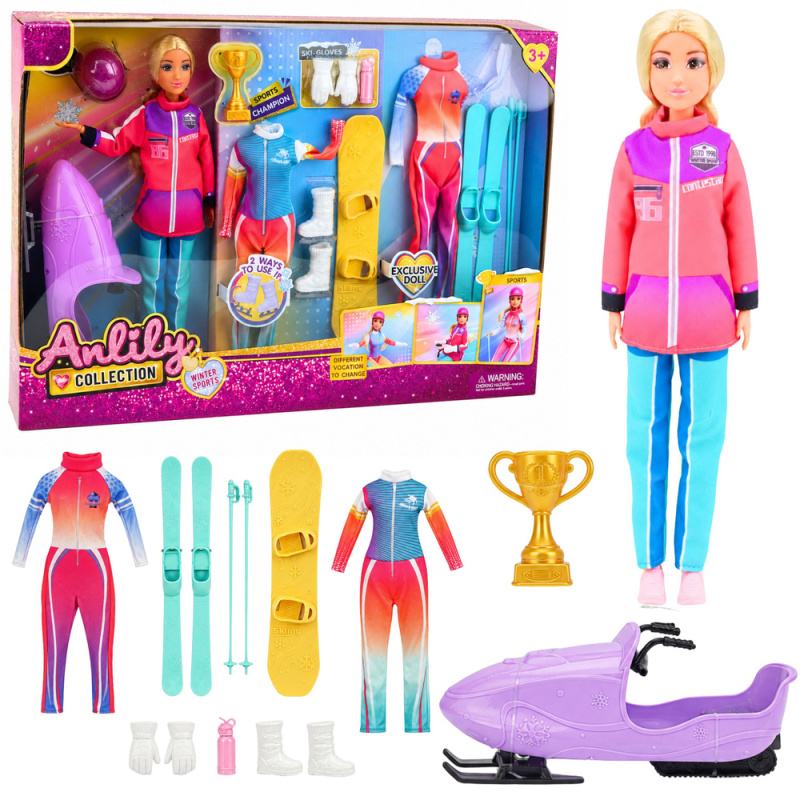 Anlily collection sportovní panenka se zimní výbavou (lyže, snowboard a sněžný skútr) 30 cm