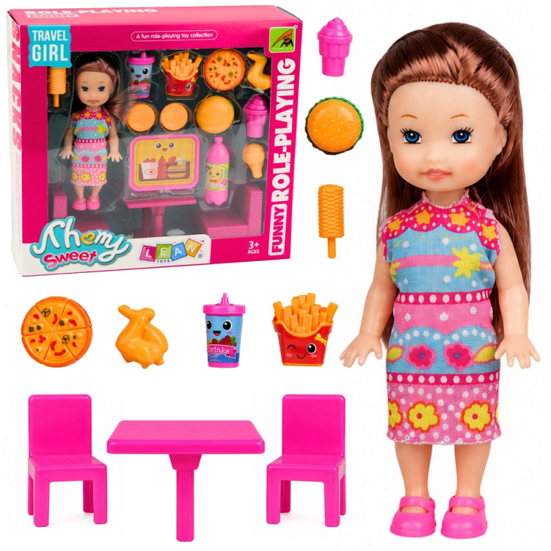 Mini panenka s fast food setem, stolek a 2 židle (11 cm)