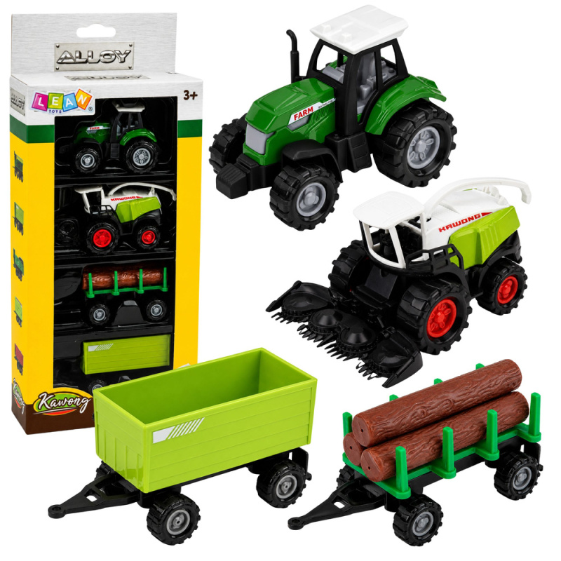 Tomido Sada zemědělských autíček Traktor Sekačka Přívěs na dřevo 1:68 4 ks