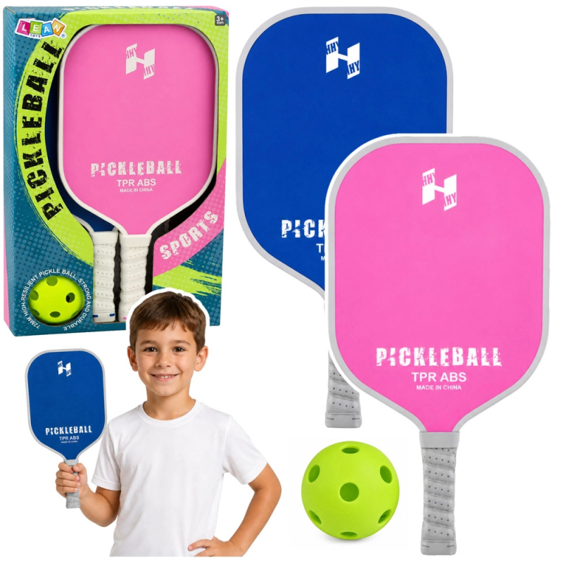 Růžovo-modrá sada na pickleball – 2 pálky a perforovaný míček