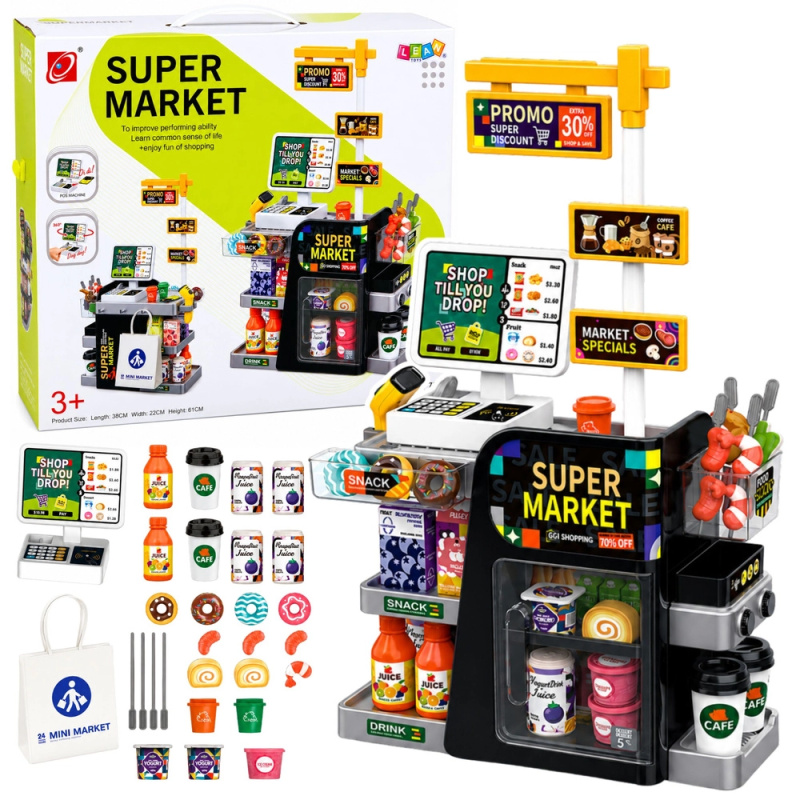 Dětský supermarket s pokladnou, skenerem a dávkovačem nápojů (65 dílů)