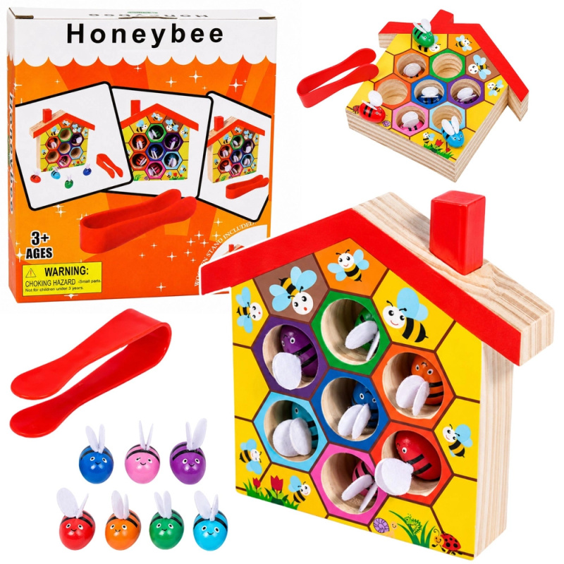 Dřevěný montessori úl s včelkami a pinzetou (7 ks)