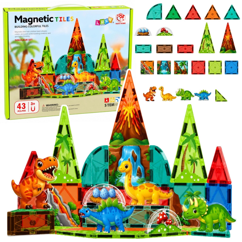 Magnetické stavební dílky dinosauři – sopka, barevná sada 43 ks