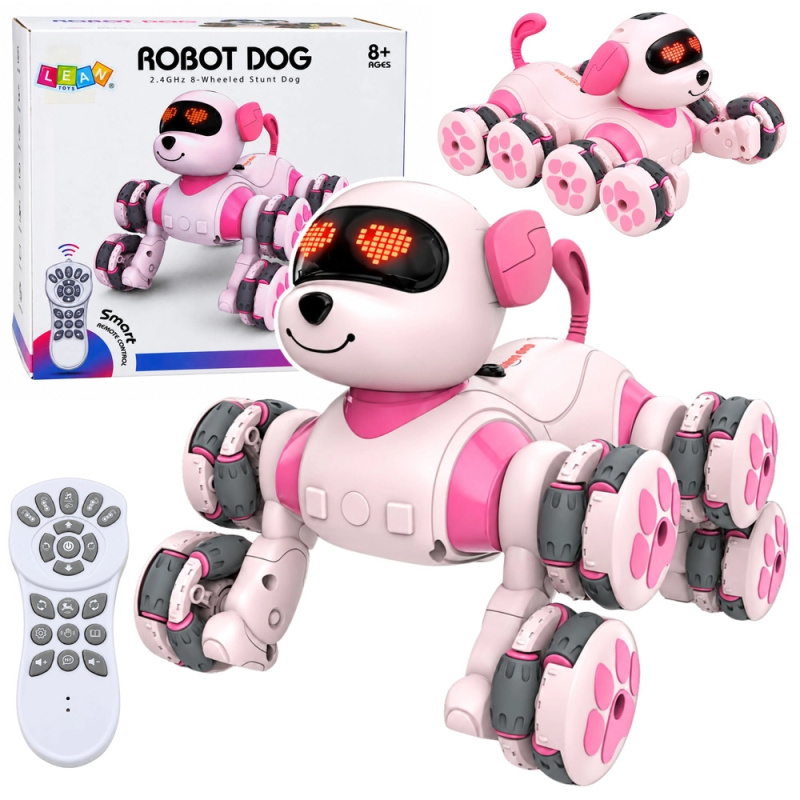 Růžový robotický pes na dálkové ovládání s 8 koly