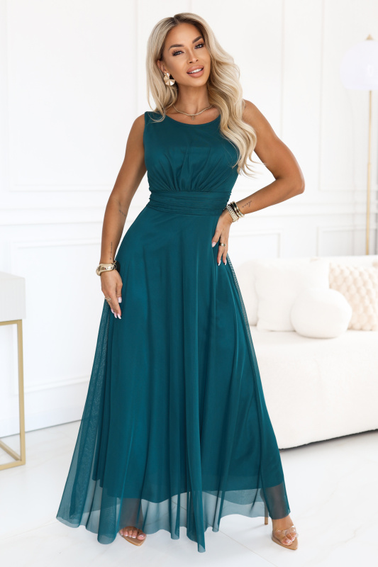Numoco basic Numoco ELIRA Dlouhé tylové maxi šaty s kulatým výstřihem - 678-2 Barva: Zelená, Velikost: UNI