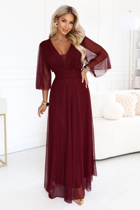 Numoco basic Numoco Dlouhé třpytivé šaty plus size s výstřihem a průhledným rukávem -  654-6 Barva: Modrá, Velikost: UNI