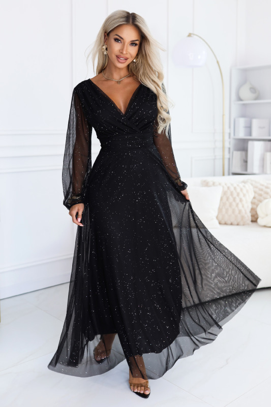 Numoco basic Numoco Tylové maxi šaty s glitry a překládaným výstřihem -  683-1 Barva: Černá, Velikost: UNI