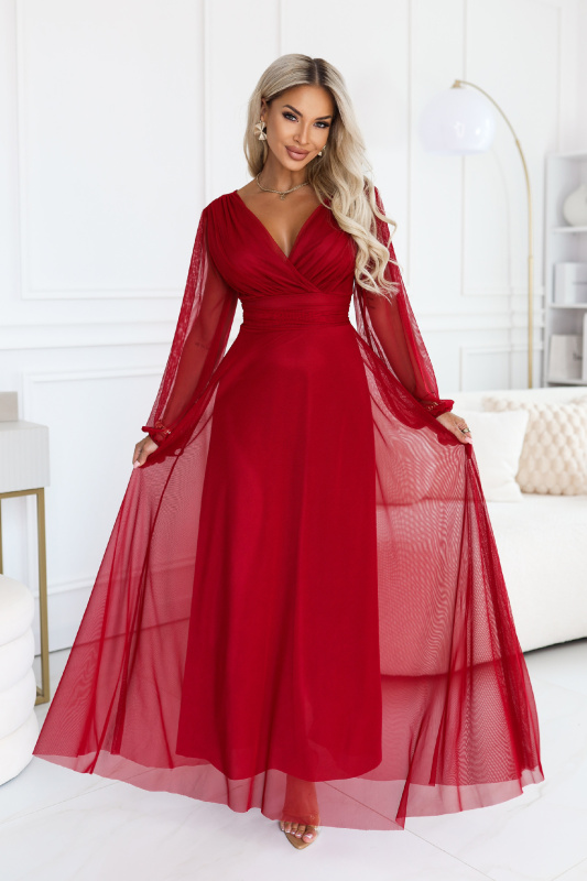 Numoco basic Numoco NERISSA Elegantní tylové maxi šaty se zavinovacím výstřihem - 684-1 Barva: Bordó, Velikost: UNI